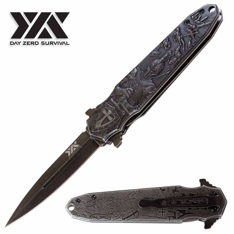 DZS Stonewash Finish Knight Arthur Spring Assisted Open Pocket Knife - Tophatter's Army Products & Self Defense Collectible Weapons - Tophatter Daily Deals